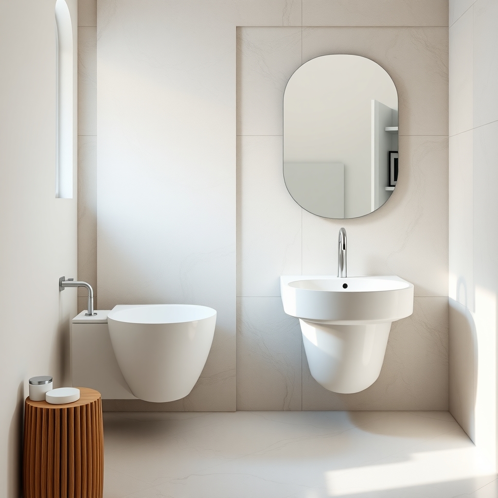 Konzolna WC šolja i lavabo od bele keramike u svetlom kupatilu